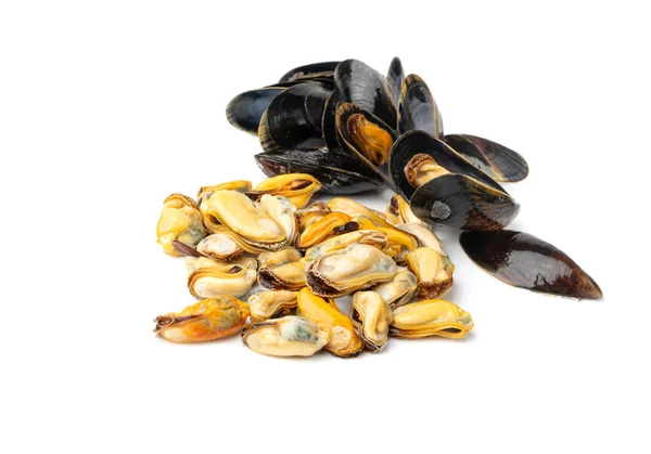 Mussels Pile Izolált Héj Nélküli Kagyló Hámozott Kagyló Nyitott Kagyló — Stock Fotó
