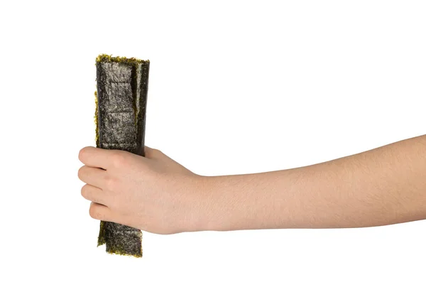 Nori Blatt Der Hand Isoliert Getrocknete Aonori Algen Trockenes Seegras — Stockfoto