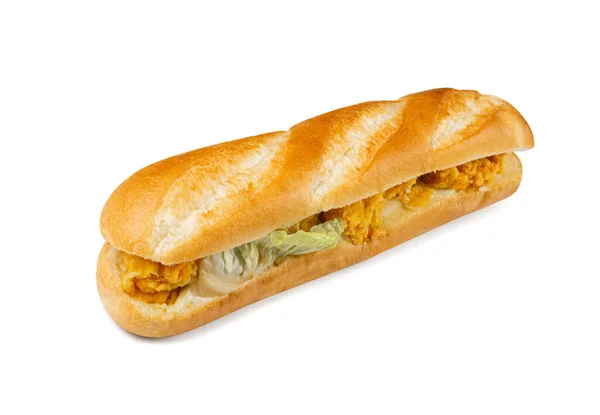 French Baguette Sandwich Isolated Long Bread Loaf Chicken Nuggets Lettuce — Fotografie, imagine de stoc