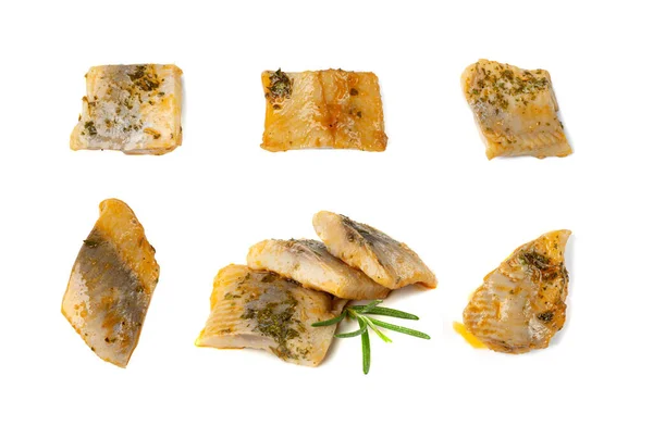 Salted Herring Fillet Pieces Isolated Raw Pickled Fish Meat Herbs — Fotografie, imagine de stoc