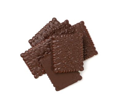 Biscuit Coated in Dark Chocolate Isolated, Square Cookies, Rectangular Shortbread, Crunchy Digestive Cookie on White Background Top View