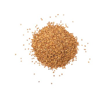 Raw Buckwheat Pile Isolated, Dry Buck Wheat Grains, Russian Kasha Heap, Uncooked Buckwheat Cut Out on White Background Top View