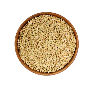 Çiğ Yeşil Karabuğday Yığını Ahşap Kasede, Kuru Tahta Taneler, Rus Kasha Yığını, Pişmemiş Yeşil Karabuğday Kesimi Beyaz Arkaplan Üst Görüş Alanında