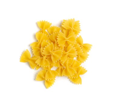 Raw Farfalle Pasta Isolated, Yellow Dry Butterfly Noodles, Wheat Bow Macaroni, Uncooked Farfalle in Wooden Bowl on White Background Top View
