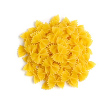 Raw Farfalle Pasta Isolated, Yellow Dry Butterfly Noodles, Wheat Bow Macaroni, Uncooked Farfalle in Wooden Bowl on White Background Top View