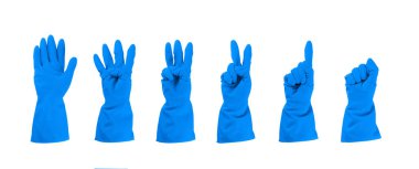 Mavi eldivenler izole edildi, ev işi eldivenli eller, koruyucu lastik eldiven koleksiyonu beyaz arka planda