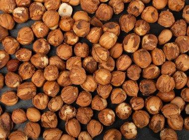 Fındık Çekirdekleri Doku Arkaplanı, Fındık Grubu Modeli, Sağlıklı Organik Fındık Şablonu, Siyah Fındık Çekirdekleri Üzerinde Kopya Boşluğu Üst Görünümü