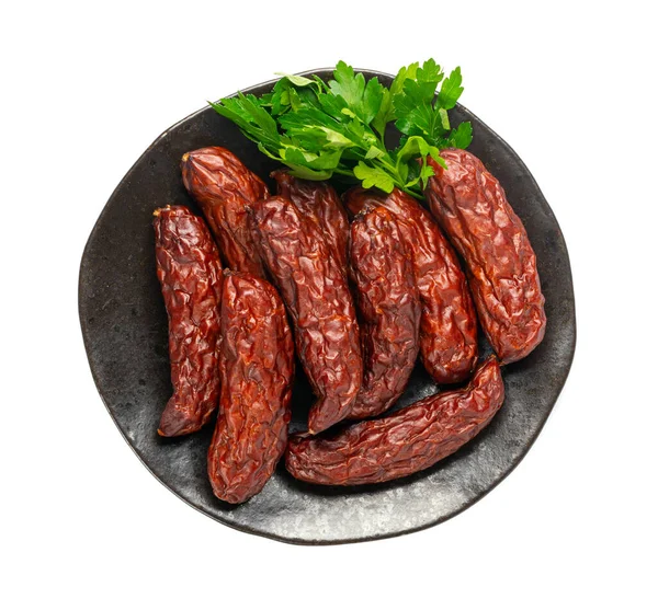 Dry Smoked Sausages Isolated Salami Sticks Kielbasa Cabanossi Kabanos Dry — Stock Photo, Image