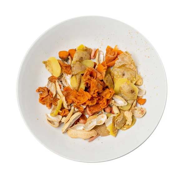 Eco Bio Garbage Mix, Organic Waste with Carrot Peel, Boiled Potato Skins, Peanut Husks, Compost Ingredient on White Background