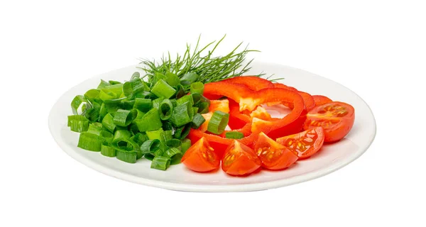 切碎的绿洋葱 丁丁和甜椒 蔬菜片上的绿叶和蔬菜 白色背景顶视图上的春天蔬菜 — 图库照片