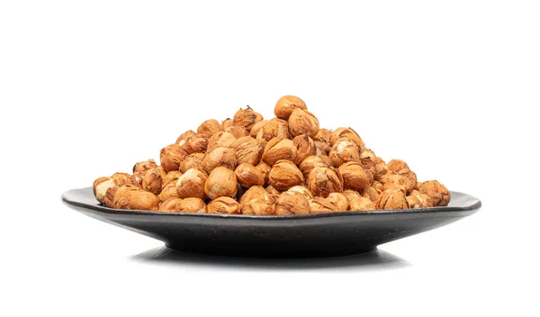 Nut Kernels Hazelnuts Pile Plate Isolado Healthy Organic Nuts Group — Fotografia de Stock