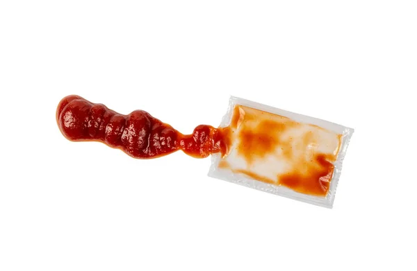 Kečup Čtvercovém Plastovém Sáčku Izolovaný Jednorázová Porce Rajčatové Omáčky Průhledný — Stock fotografie