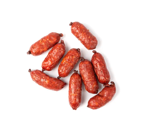 Mini Sausages Isolated Dry Smoked Salami Sticks Small Kielbasa Cabanossi — Stock Photo, Image