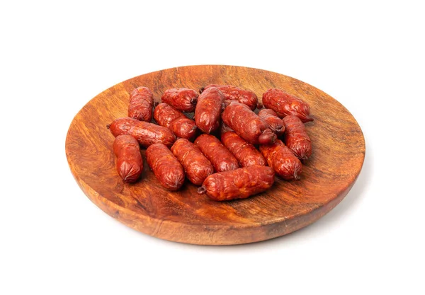 Mini Sausages Isolated Dry Smoked Salami Sticks Small Kielbasa Cabanossi — стокове фото