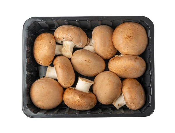 stock image Brown Champignons, Whole Small Portobello Mushrooms, Portabella Packaging, Portobella, Brown Champignons Isolated on White Background