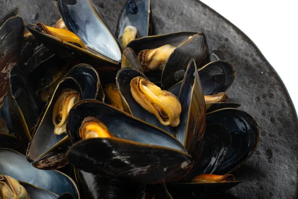 Mussels Pile Closeup Unshelled Clam Peeled Mussel Open Shellfish Seafood — Stock Fotó