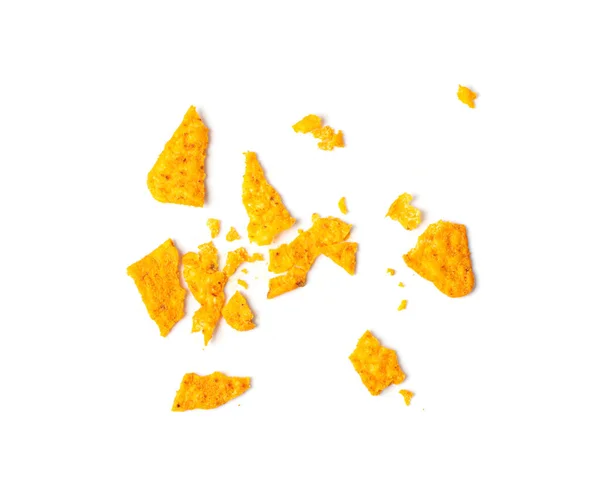 Nachos Chips Pieces Isolato Nacho Snack Crumbs Broken Mexican Triangle — Foto Stock
