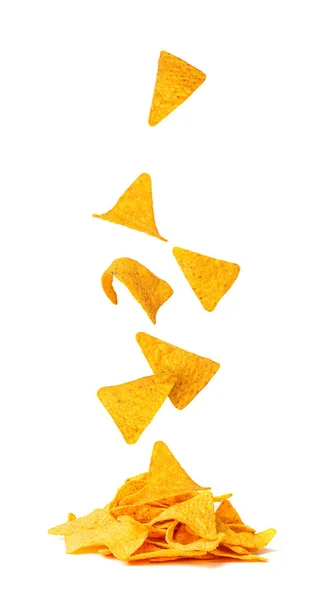 Falling Nachos Chips Isolado Fly Nacho Snack Chips Milho Triângulo — Fotografia de Stock
