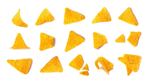 Chips Nachos Aislados Snack Nacho Chips Maíz Triángulo Mexicano Set —  Fotos de Stock