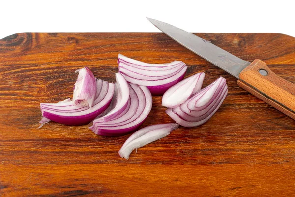 Red Onion Cuts on Wooden Cutting Board, Raw Purple Onion Slices, Chopped Purple Onion Pieces on Wood Rustic Background