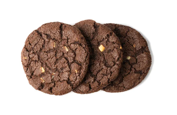 Biscoitos Redondos Chocolate Isolados Biscoitos Manteiga Marrom Bolo Cacau Crocante — Fotografia de Stock