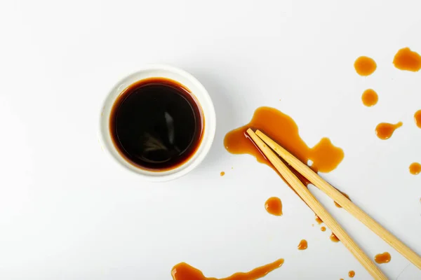 stock image Spilled Soy Sause Isolated, Teriyaki Drops, Oyster Sauce, Balsamic Vinegar Puddles on White Background Top View