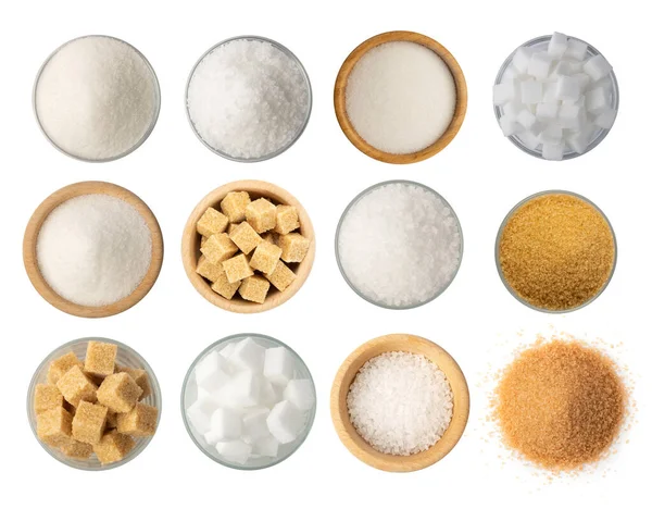 Σετ Λευκής Ζάχαρης Και Καστανής Ζάχαρης Απομονωμένο Κρύσταλλοι Γλυκαντικών Συλλογή — Φωτογραφία Αρχείου
