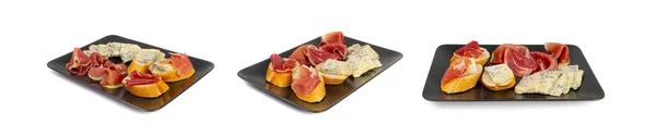 Prosciutto Tapas Mold Cheese Black Plate Spanish Jamon Slices Bread — 스톡 사진
