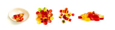 Round Gummy Candy Pile Isolated, Chewing Colorful Marmalade Pills, Jelly Gumdrops Heap, Gelatin Candies Set on White Background