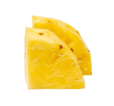 Ananas Kesikleri izole edilmiş, Çiğ Ananas Parçaları, Comosus Tropikal Meyve Parçacıkları, Olgun Elma Kıymıkları, Beyaz Arkaplanda Pineapple Fruit, Kırpma Yolu