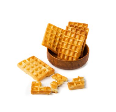 Belgian Waffle Isolated, Square Waffled Cookie in Wood Bowl, Homemade Soft Golden Belgium Waffles, Wafer Biscuit Breakfast on White Background Side View