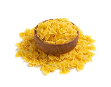 Raw Farfalle Pasta Isolated, Yellow Dry Butterfly Noodles, Wheat Bow Macaroni, Uncooked Farfalle in Wooden Bowl on White Background