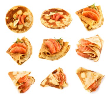 Somon Krepleri İzole Edilmiş, Kırmızı Balık Krepleri, Beyaz Arkaplanda Kalın Çiğ Somon Fileto Parçaları