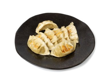 Gyoza Çin Hamur köfteleri, Kızarmış Sebze Jiaozi, Tavuk Momo Pile, Asya Gyoza Grubu Siyah Tabak, Beyaz Arkaplan