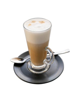 Taze Latte Espuma in Glass tecrit edilmiş, Cappuccino in Coffee, Süt Kahvesi with Nazik Köpüklü Beyaz Arkaplanda, Kırpma Yolu
