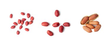 Fıstık ezmesi, kavrulmuş Arachis fındık yığını, Fıstık Yığını, Kabuklu Yer Fıstığı, Kırmızı Fıstık Seti, Beyaz Arkaplanda Collextion Top View