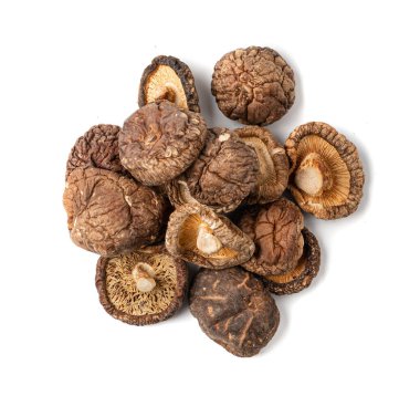 Kuru Shiitake Mantarları İzole, Çiğ Shitake Yığını, Sağlıklı Organik Asya Mantarı, Yaygın Çin Yenebilir Shiitake Mantarı Beyaz Arkaplan Üst Görünümü