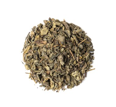 Yeşil Çay Yaprakları Karmaşık, Kuru Taze Bitki Çay Yığını, Sağlıklı İçecekler, Yeşil Çay Yaprakları Beyaz Arkaplanda Üst Görünümde