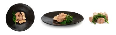 Cod Liver Closeup, Fish Fat Omega-3 Food, Macro Detailed Healthy Seafood Meal, Cod Liver on Black Plate Background