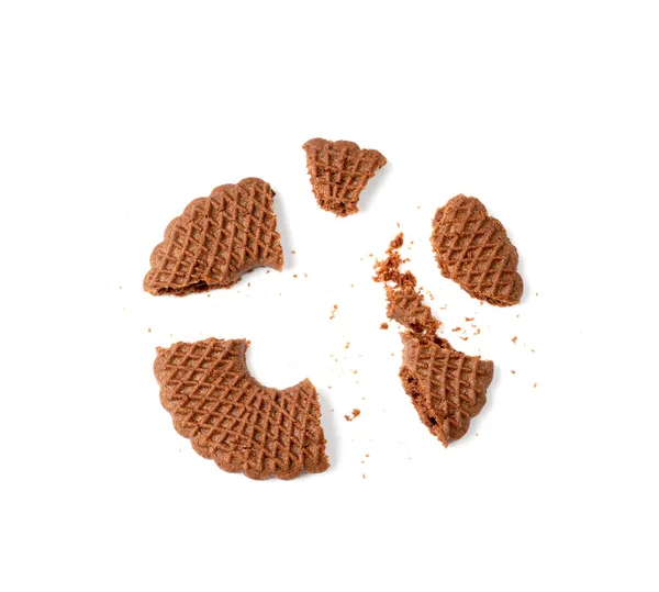 Broken Chocolate Biscuit Rings Isolated, Brown Cookie Circles, Dark Soft Biscuits, Round Butter Cookies, Fresh Sweet Cocoa Cracker Crumbs on White Background Top View