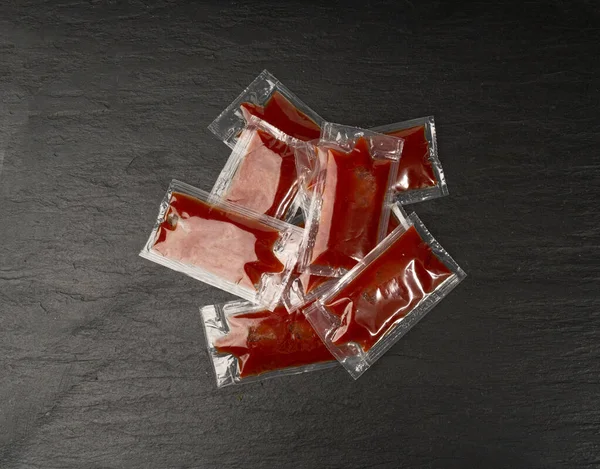 Ketchup Square Plastic Bag Black One Time Portion Transparent Catsup — стокове фото