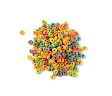 Colorful Breakfast Rings Pile Isolated. Fruit Loops, Fruity Cereal Rings, Colorful Corn Cereals on White Background