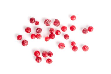 Donmuş Lingonberry İzole edilmiş, Dağılmış Buzlu Cowberry, Kar Yabanmersini, Kırmızı Viburum Böğürtlenleri, Donmuş Lingonberry Beyaz Arkaplan Üst Görünümünde