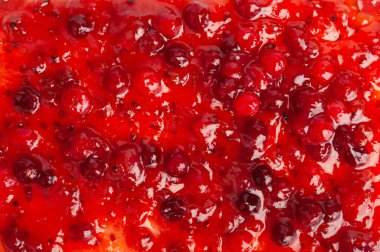 Kızılcık reçeli arkaplan, çilek sosu, kızılcık jölesi, kızılcık jölesi, konfeksiyon lekesi, dökülmüş kızılcık sosu, metin için metin alanı