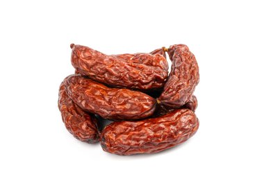 Dry Smoked Sausages Isolated, Salami Sticks, Kielbasa, Cabanossi, Kabanos, Dry Embutido, Chorizo, Bratwurst Sausage on White Background