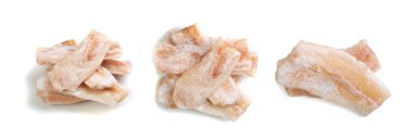 Frozen Fish Isolated, White Cod Fillet, Iced Hake Filet, Frozen Pollock Meat on White Background