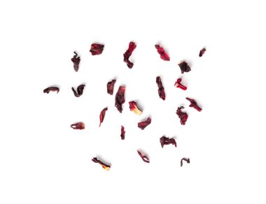 Kuru Hibiscus Çayı, Dağılmış Kuru Gül Yaprakları, Meyve Kırmızısı Çayı, Karkade Yaprakları, Kurutulmuş Bitki İçeceği, Roselle Petal, Yenilebilir Çiçek Yaprağı Çayı Beyaz Arkaplan Üst Görünümü