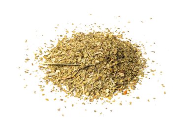 Matcha ve Yeşil Çay Yaprakları Karmaşık, Kuru Taze Bitki Çay Yığını, Sağlıklı İçecekler, Matcha ve Yeşil Çay Yaprakları Beyaz Arkaplanda Üst Görünümde