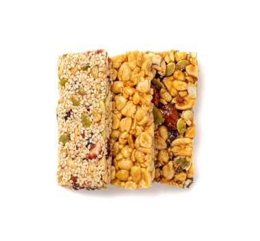 Kaçık Çubuğu, Cevizli Enerji Atıştırmalığı, Çikolatalı Müsli Tatlısı, Protein Şekerlemesi, Fitness Fruit ve Fındık Enerjisi Kahvaltısı Beyaz Arkaplanda