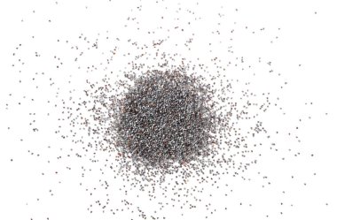 Haşhaş tohumu yalıtılmış, dağınık mavi haşhaş tohumu yığını, küçük aşçılık tohumları, küçük tohumlar, yağlı serpintiler pişirmek için, haşhaş tohumları beyaz arka planda